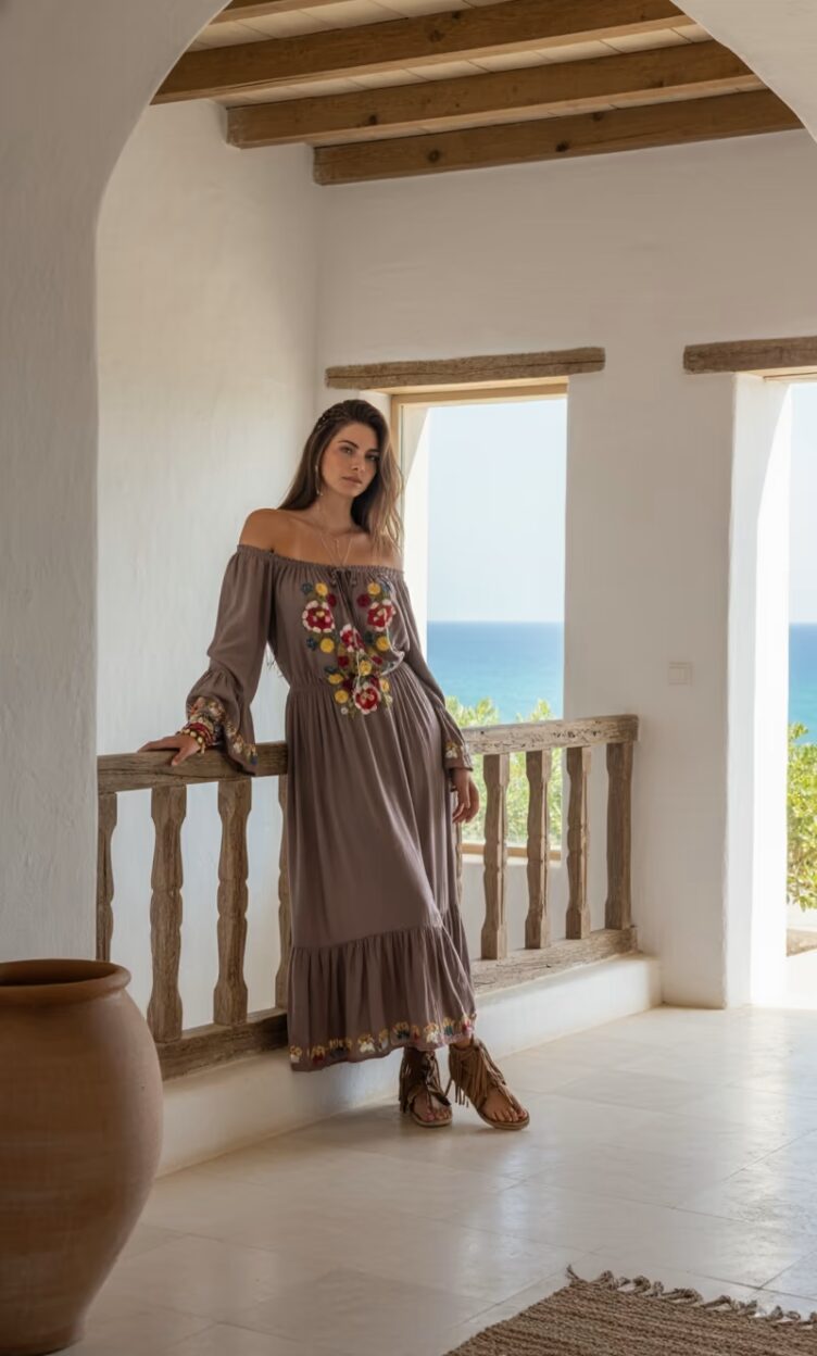 Vestido Bolonia Largo Bordado a Mano - Estilo Bohemio Chic - Bild 5