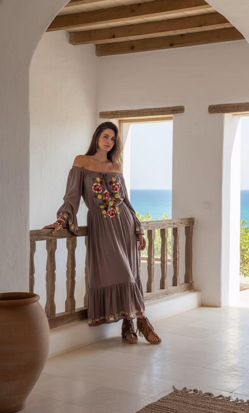 Vestido Bolonia Largo Bordado a Mano - Estilo Bohemio Chic - Εικόνα 5