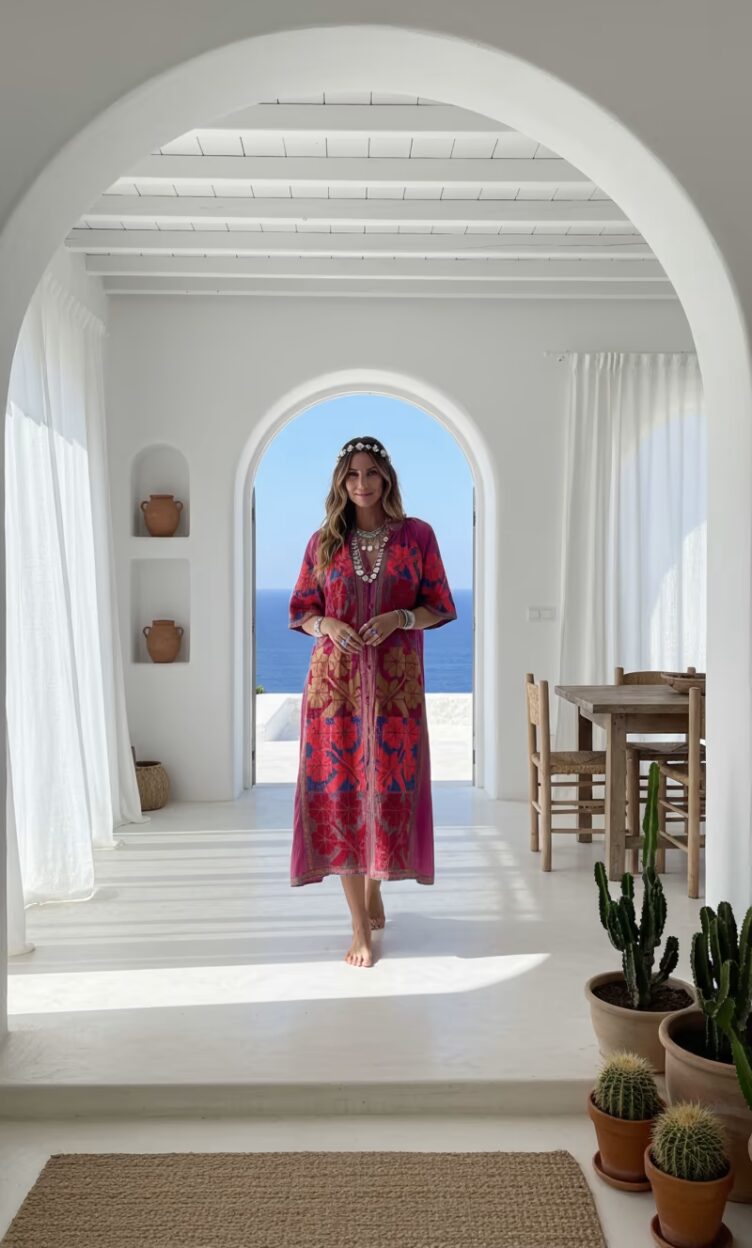 Tanok besticktes Baumwollkleid mit weiten Ärmeln made in India 3