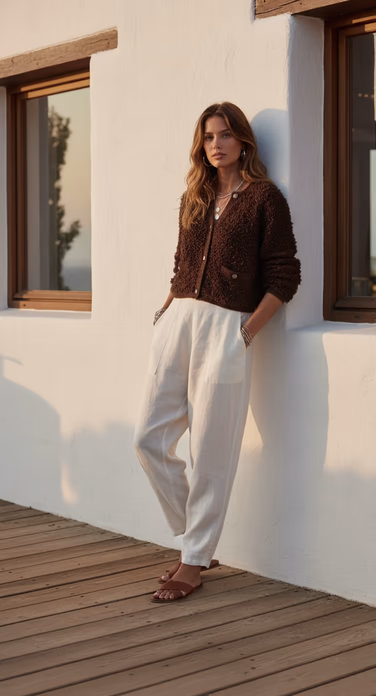 Cardigan en maille avec boutons Clara de couleur choco dans le style Chanel.